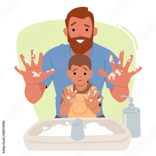Dad and son cartoon characters washing hands together showing showing palms covered in soap bubbles