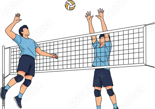 Dynamic illustration of two male volleyball players in action, one spiking the ball while the other attempts to block at the net.