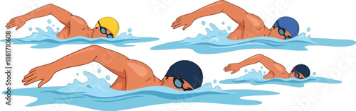 A collection of cartoon illustrations showing multiple swimmers performing the freestyle stroke in blue water with splashes and goggles.