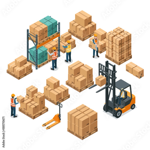 Warehouse Workers Operating Forklifts and Pallets.
