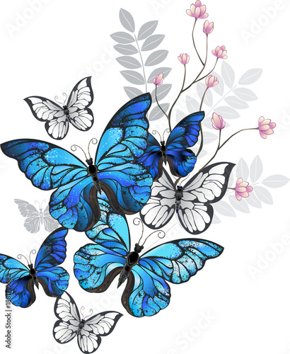 Twigs and morpho blue butterflies