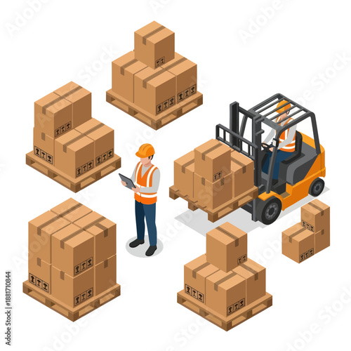 Warehouse Worker Operating Forklift with Cardboard Boxes.