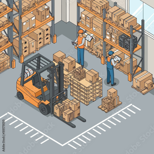 Warehouse Workers Operating Forklift and Unloading.