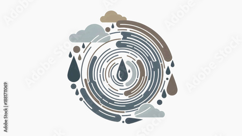Abstract Circular Rain Rhythm with Raindrops and Clouds Illustration