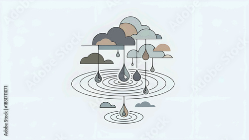 Poetic Rainfall Balance with Clouds and Water Ripples Illustration