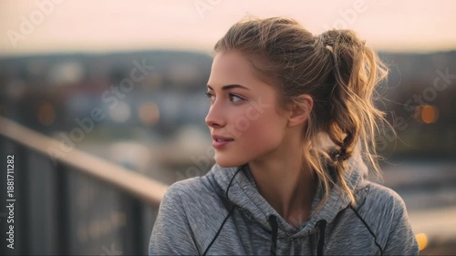 Young woman hoodie portrait at golden hour