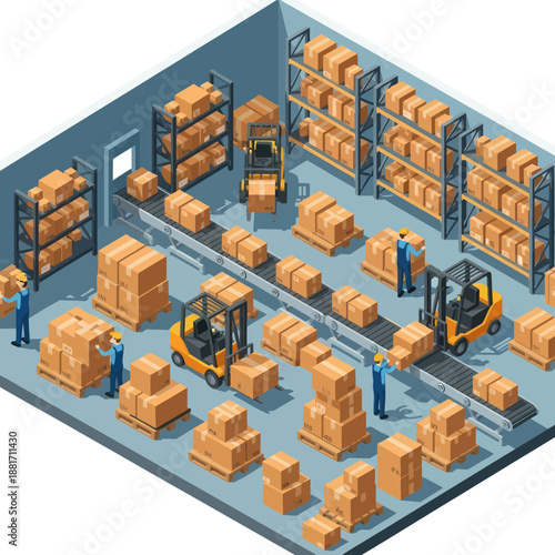 Warehouse with Cardboard Boxes and Forklifts.