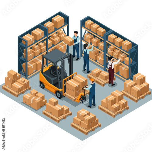 Warehouse Workers Managing Inventory with Forklift.