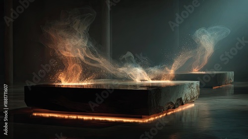 Blank wooden table with fire and smoke concept. Abstract smoke emanating from glowing surfaces in a dark space.