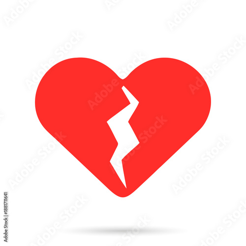 Red broken heart icon with a white lightning bolt crack symbolizing heartbreak. Broken Heart Icon – Love Breakup and Sad Emotion Vector Illustration.