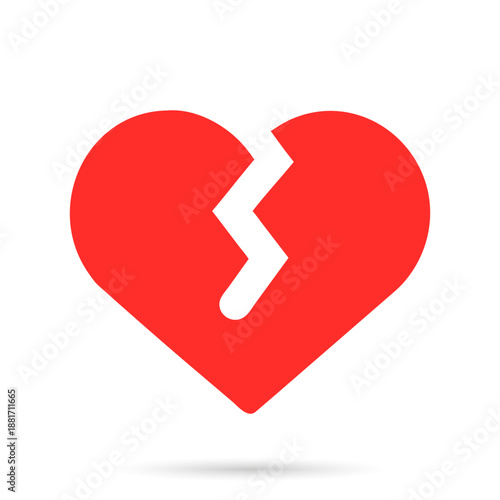 Red broken heart icon with a white lightning bolt crack symbolizing heartbreak. Broken Heart Icon – Love Breakup and Sad Emotion Vector Illustration.