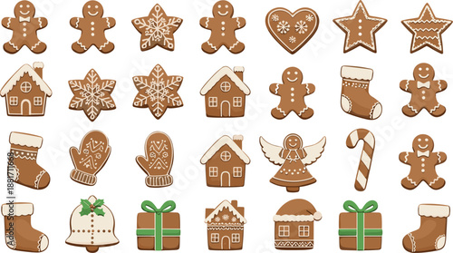 Vector illustration set featuring diverse Christmas gingerbread cookies including gingerbread men cottage houses snowflakes stars and festive holiday symbols