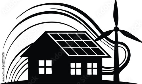 Eco friendly house silhouette with solar panels and wind turbine on a hill representing renewable energy sources and sustainable green living concept.