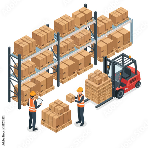 Warehouse Workers Operating Forklift and Boxes.