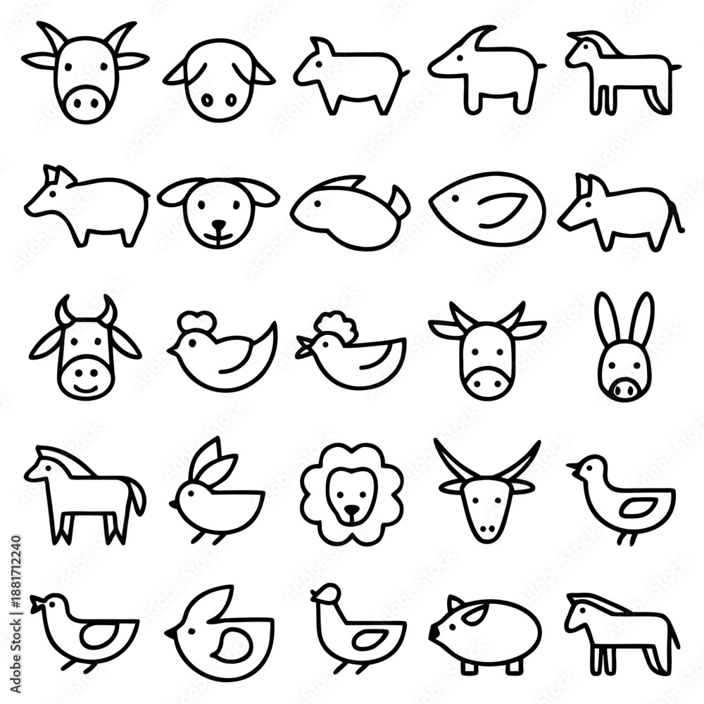 Fototapeta premium Farm animal vector icon set - cute & stylized designs