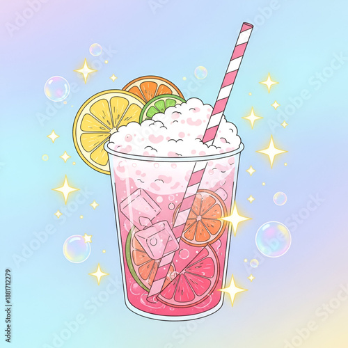 Kawaii Boba Tea Vector – Pink Drink in Cup with Stars