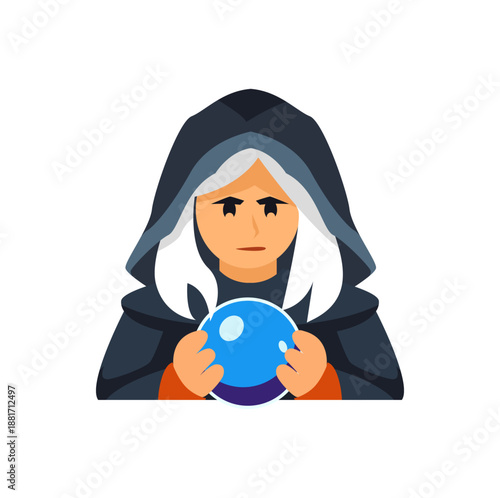Enchantress cartoon character in flat design, magic female enchanter with glowing aura, fantasy sorceress vector illustration.