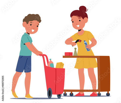 Girl child cashier at cash register and boy kid buyer with shopping basket isolated on white