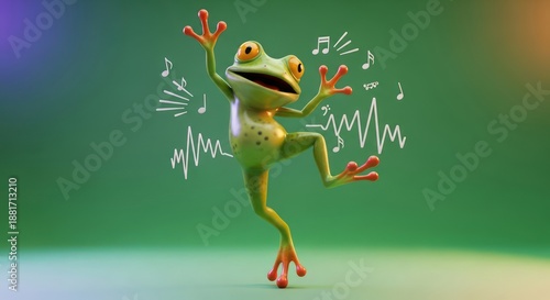 Cheerful cartoon frog performing on a vibrant green stage with musical notes graphic