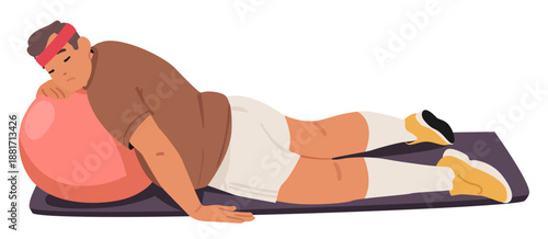 Overweight man cartoon character lying on fitness ball feeling extreme fatigue isolated on white