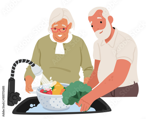 Happy senior couple cartoon characters washing variety of vibrant fresh vegetables before eating