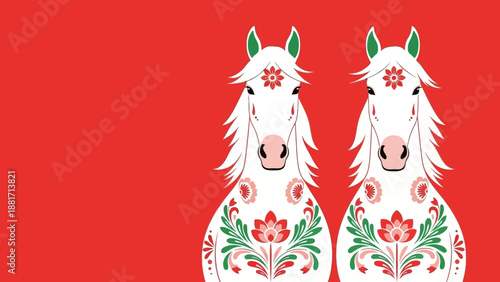 Two white horses with traditional folk art patterns in red and green on a vibrant red background, facing forward.