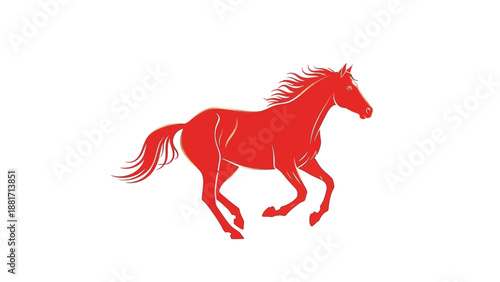 A vibrant red horse with a flowing mane and tail, galloping gracefully across a clean white background.