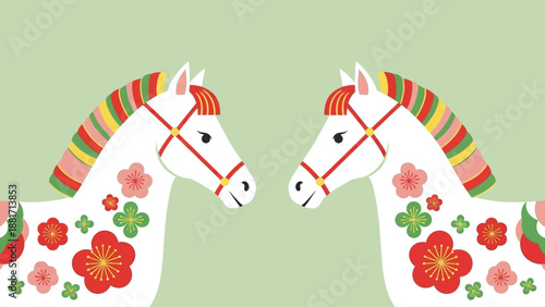 Two stylized white horses with colorful manes and floral patterns facing each other on a light green background, evoking traditional art.