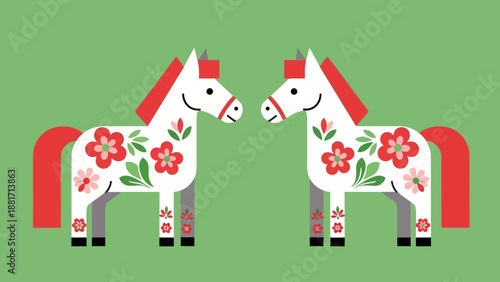 Two stylized white horses with red manes and floral patterns facing each other on a green background, folk art illustration.