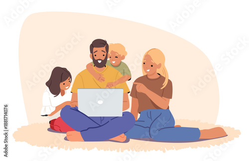 Happy family with children sitting closely together and looking at laptop screen vector illustration