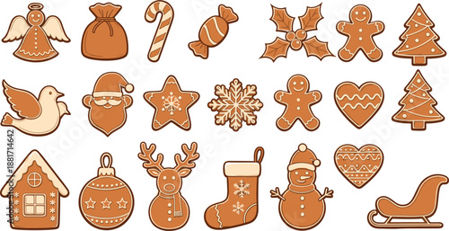 Vector illustration set featuring diverse Christmas gingerbread cookies including Santa reindeer snowmen cottage house and festive holiday holiday symbols