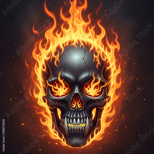 Burning Black Skull Illustration – Flames and Menacing Expression on White Background