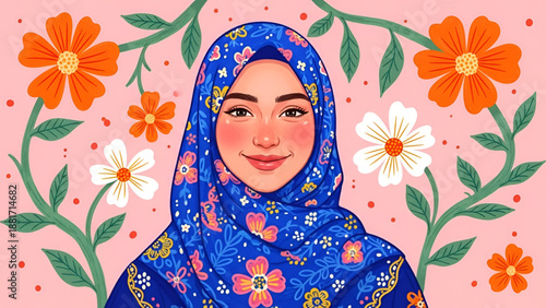 Floral Hijab Illustration – Woman Portrait Vector Art
