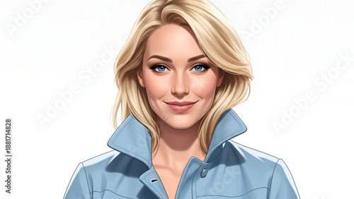 Young Woman Illustration – Blonde Hair and Blue Jacket Vector Portrait