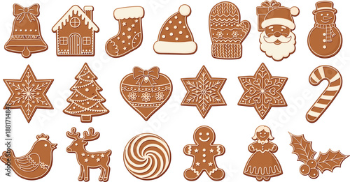 Vector illustration set featuring diverse Christmas gingerbread cookies including Santa reindeer snowman cottage house and festive holiday holiday symbols