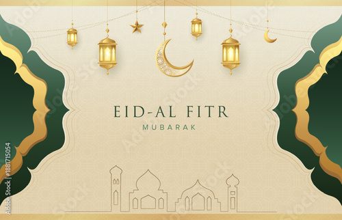 Traditional Ramadan Kareem greeting design template with gold islamic lanterns, mosque, star and moon. Suitable for raya and ramadan template design concept.
