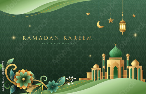 Beautiful floral Ramadan Kareem greeting design on green background with gold ornament star, moo, mosque, lanterns. Suitable for raya and ramadan template concept.