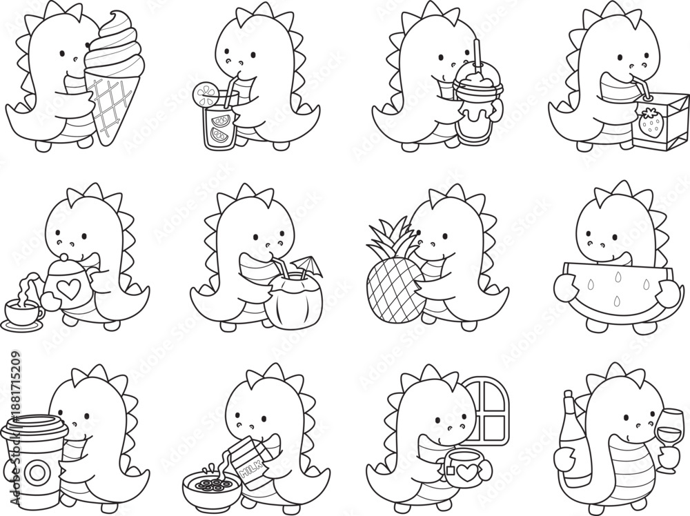 Obraz premium Coloring book of cute Dinosaur character clip art for children. Outline of Dinosaur 