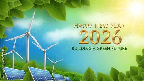 2026 New Year Celebration Card – Sustainability and Green Energy Illustration