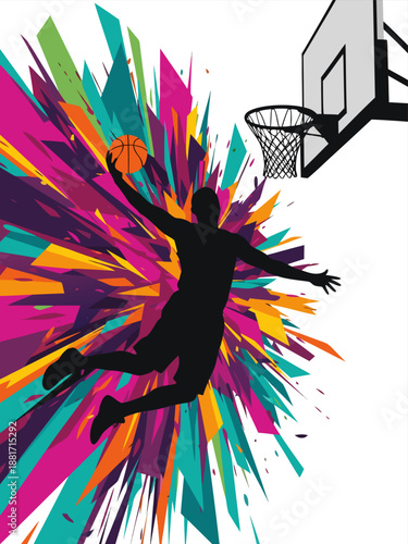 Dynamic illustration vector of a basketball player in mid-air, leaping to score a slam dunk against a vibrant abstract background