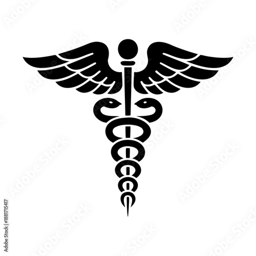 Simple black drawing of winged staff with two entwined snakes iconic medical symbol simplified form