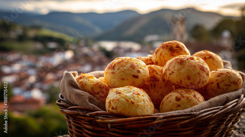 Close-up of Pão de queijo under bright light, featuring Ouro Preto blurred