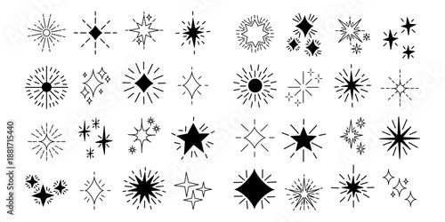 Glowing star icon with sparkling burst rays and shimmering light effects, perfect for festive designs, retro graphics, and magical decorations with radiant starburst shapes