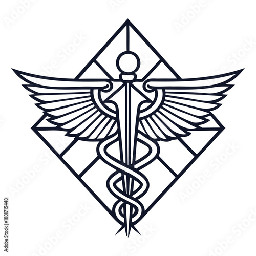 Black and white line art caduceus medical symbol isolated on white background