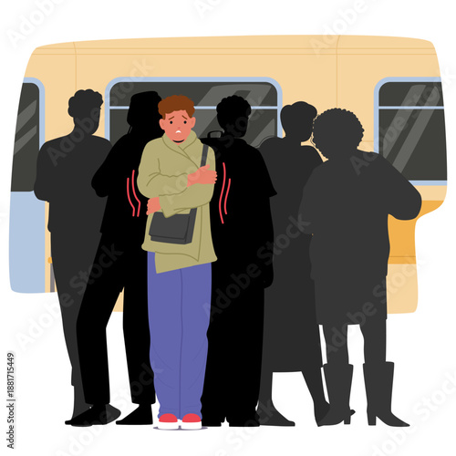 Young guy trembling body suffering from claustrophobia feeling social anxiety in underground subway