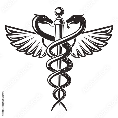 Black and white caduceus symbol drawing isolated on white background