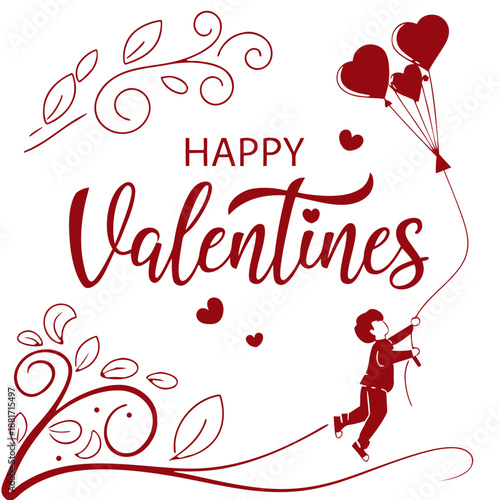 Happy Valentine's Day calligraphy banner with red hearts isolated on transparent background