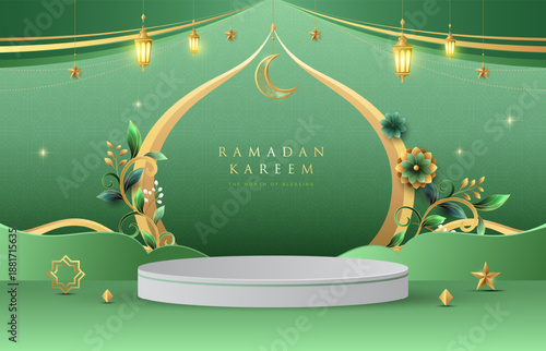 Modern Ramadan Kareem podium design with golden moon, star, flowers and lanterns. Raya and ramadan template design for poster, banner and greeting cards.