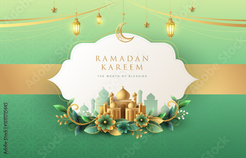 Gradient pastel color Ramadan Kareem concept with gold islamic elements, mosque and flowers. Suitable for Raya and ramadan template design.