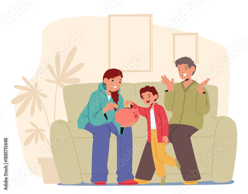 Happy parents and little son gathered around large pink piggy bank in home living-room scene